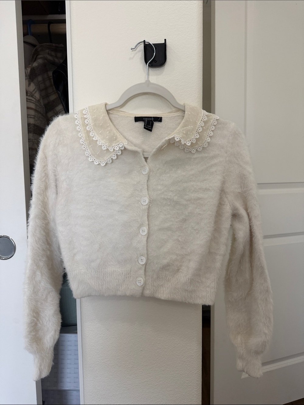 Forever 21 Cream Fuzzy Button-Up Cardigan with Lace Collar